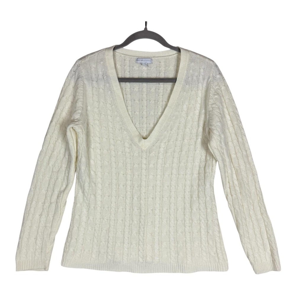 New York & Company Sweater Womens L White Cable Knit V Neck Long Sleeve Pullover